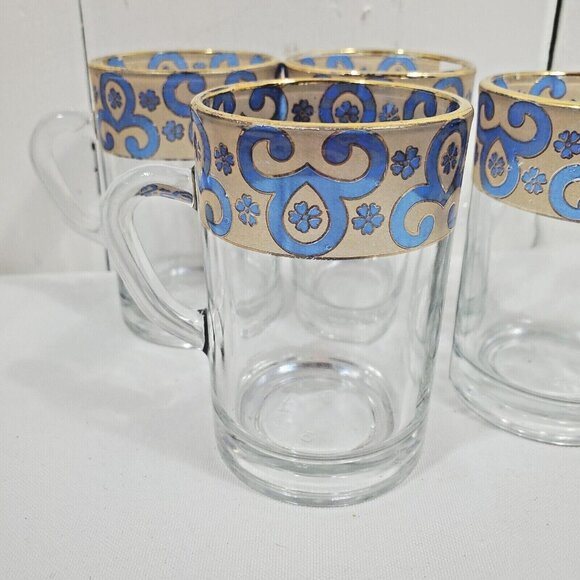 4 Gold Trim Demitasse Espresso Cups 4oz  blue liquor stained glass scrollwork - Picture 4 of 12